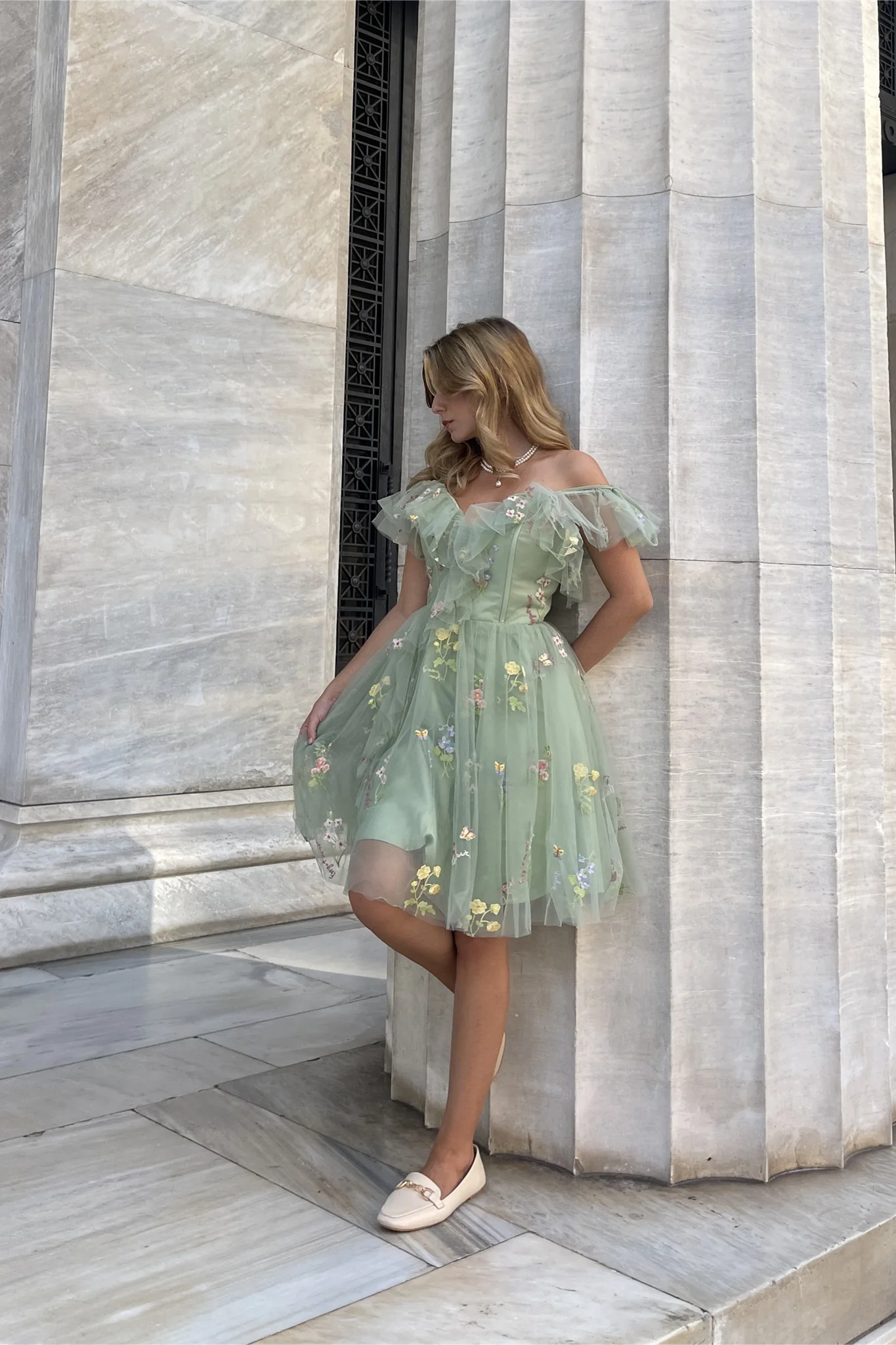 Blue Floral Ruffle A-line Homecoming Dress - Image 10