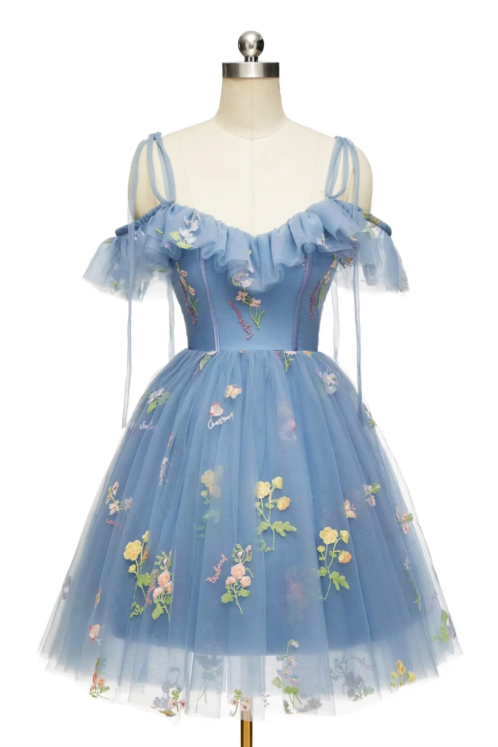 Blue Floral Ruffle A-line Homecoming Dress - Image 3