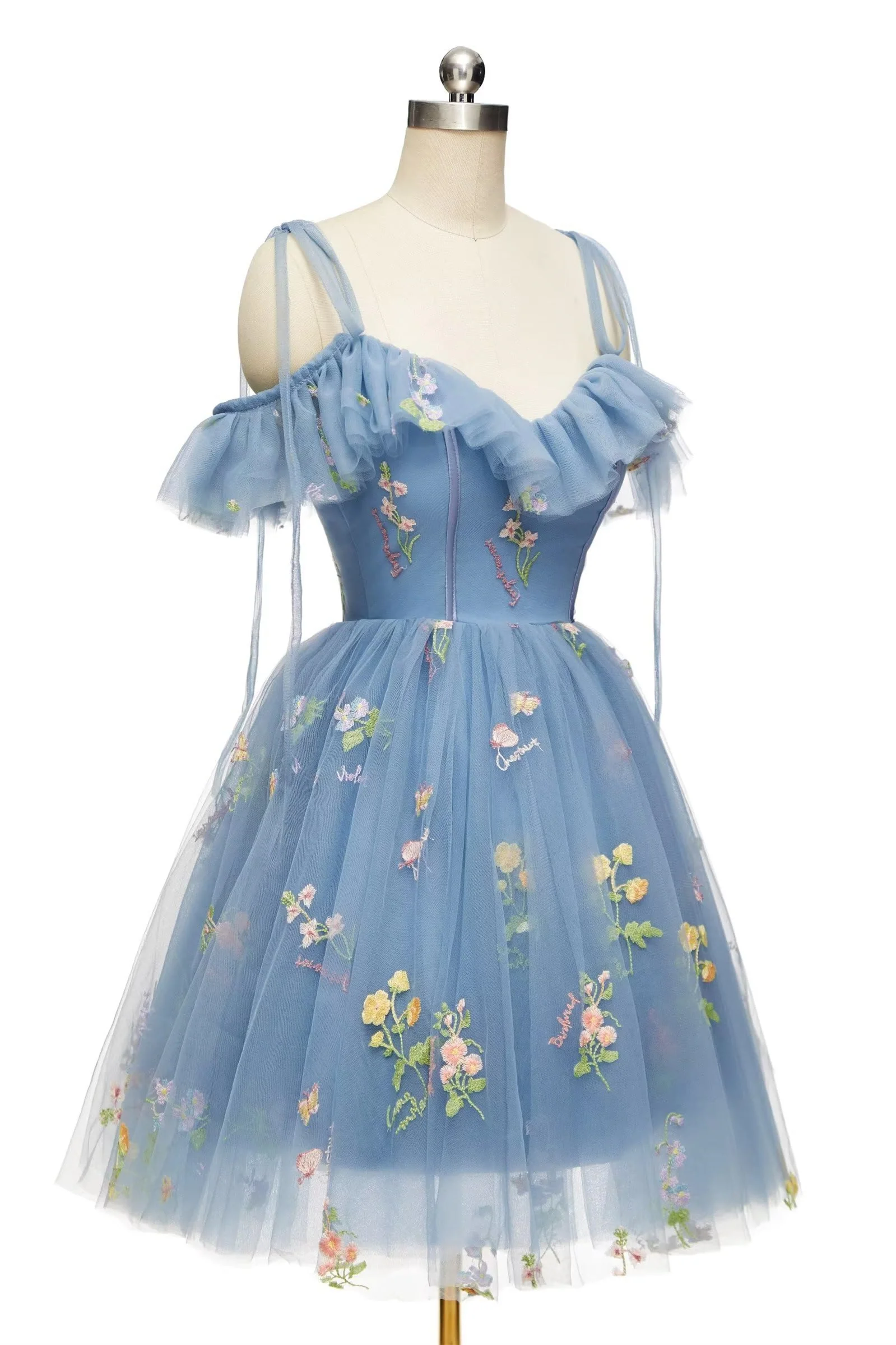 Blue Floral Ruffle A-line Homecoming Dress - Image 5