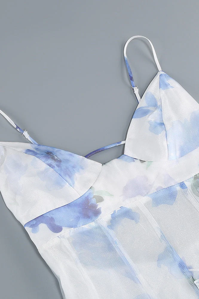 Blue Floral Straps Ruffle Slit Dress - Image 8