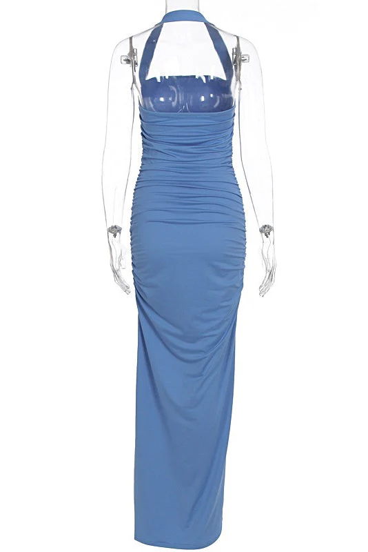 Blue Halter Fitted Long Slit Dress - Image 2