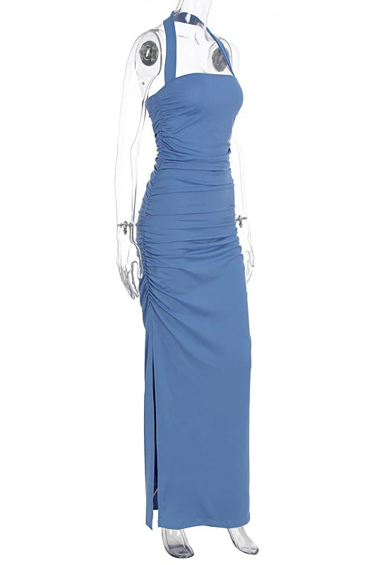 Blue Halter Fitted Long Slit Dress - Image 3