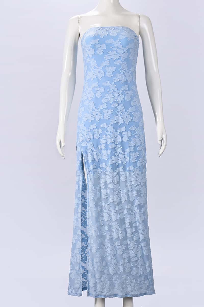 Blue Lace Strapless Long Dress with Slit - Image 2
