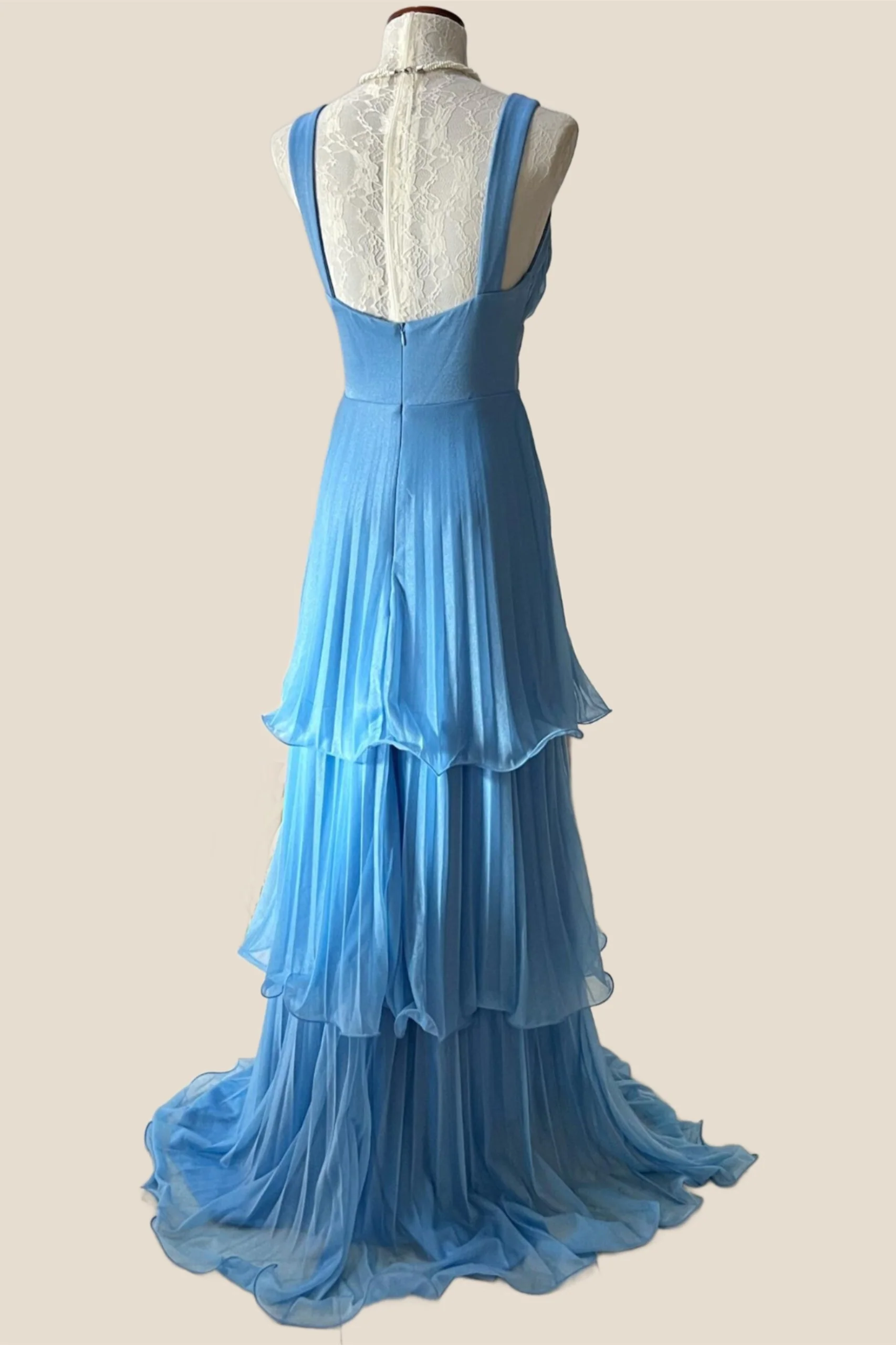 Blue Pleated Chiffon Tiered Long Party Dress - Image 3