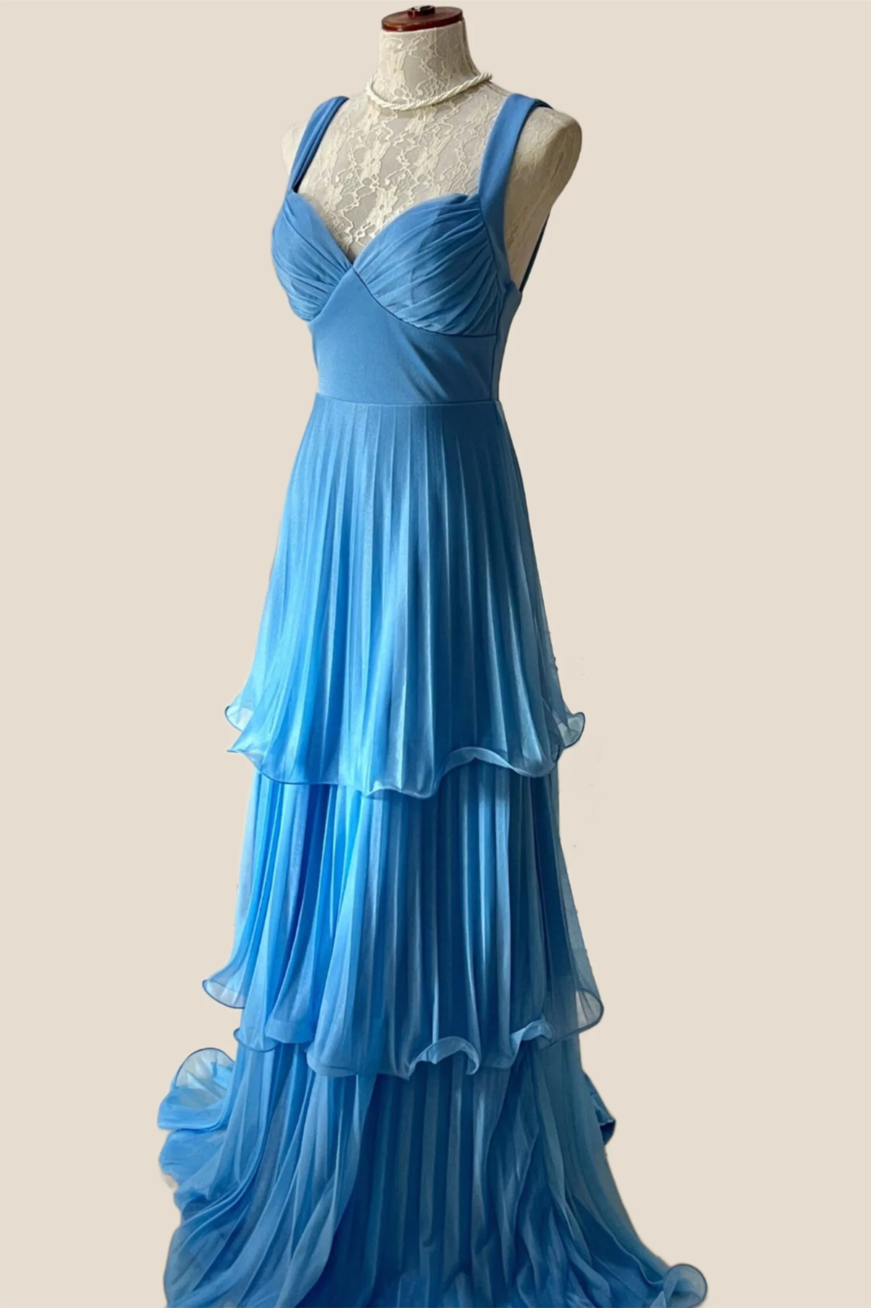 Blue Pleated Chiffon Tiered Long Party Dress - Image 4