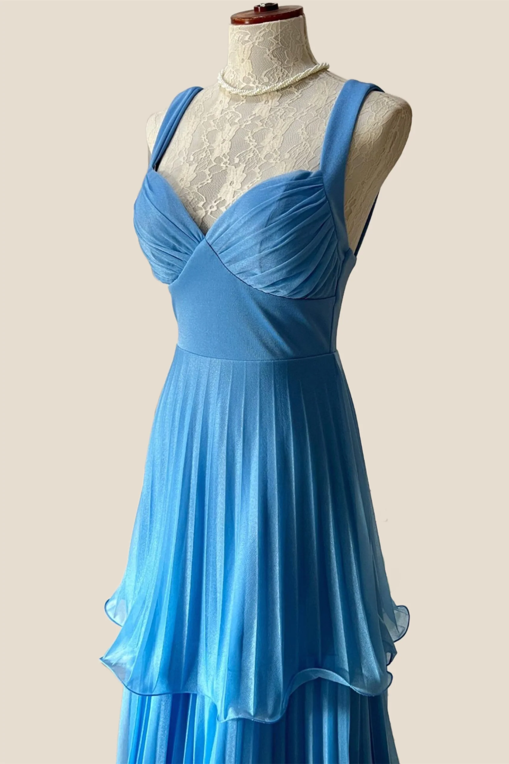 Blue Pleated Chiffon Tiered Long Party Dress - Image 5