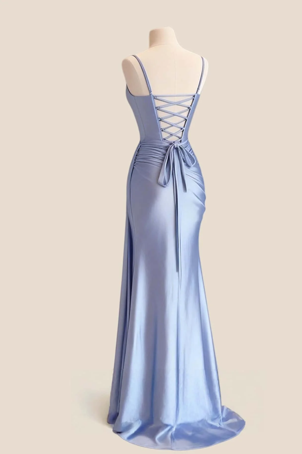 Blue Satin Straps Ruched Long Prom Dress with Train - Image 2