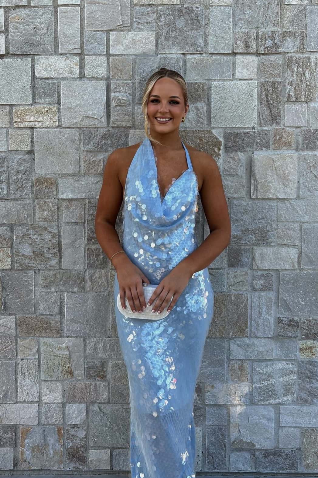 Blue Sequin Cowl Neck Fitted Long Dress - Image 3