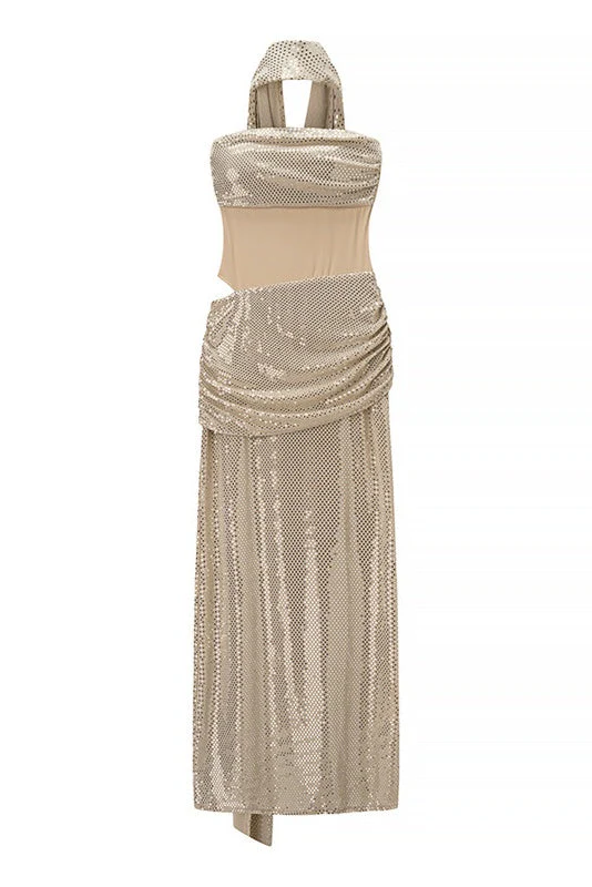Blue Sequin Strapless Ruched Long Dress with Scarf - Image 3