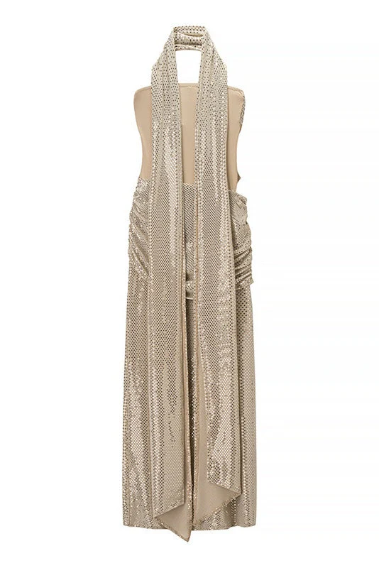 Blue Sequin Strapless Ruched Long Dress with Scarf - Image 4
