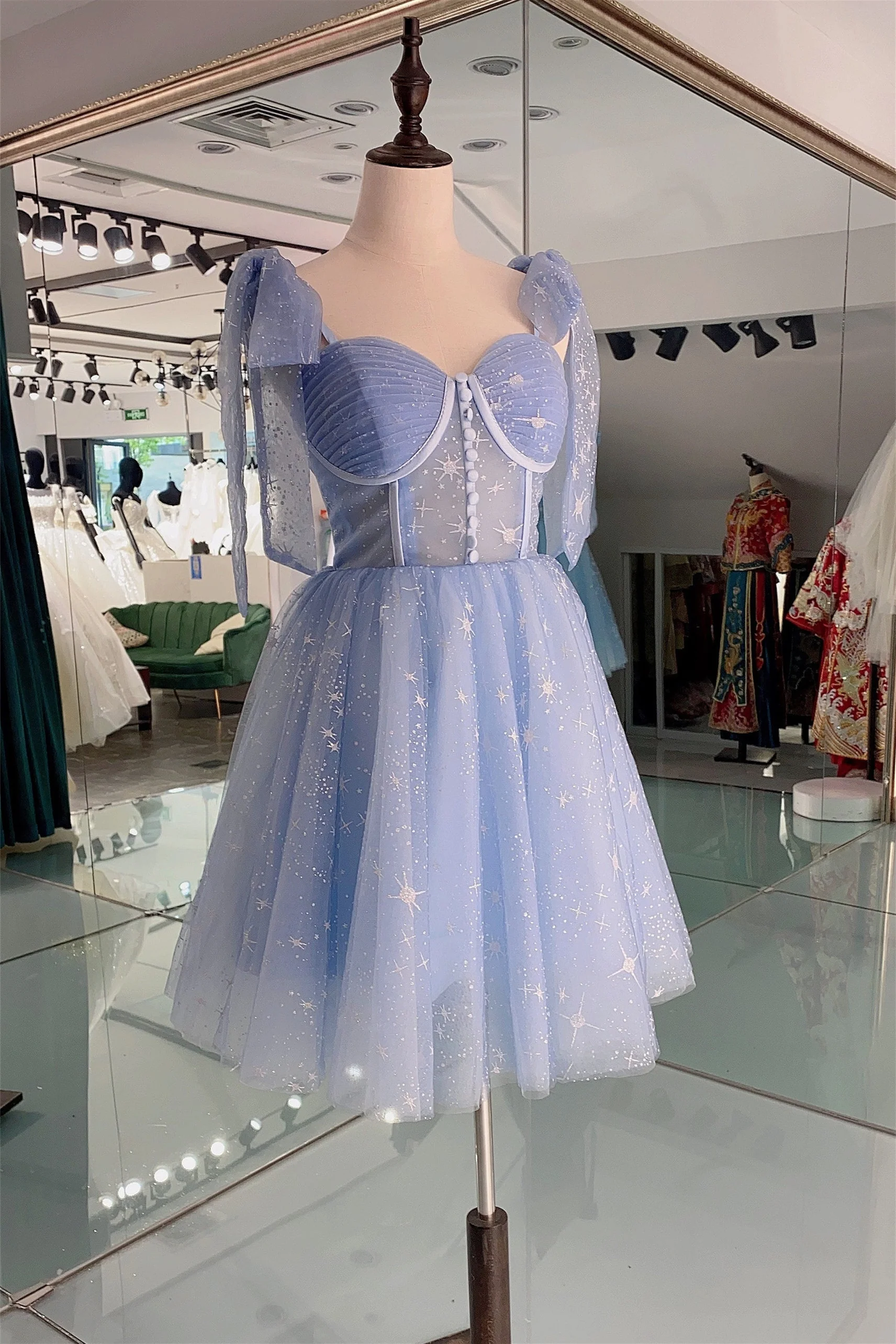 Blue Starry Corset Midi Dress with Buttons - Image 2