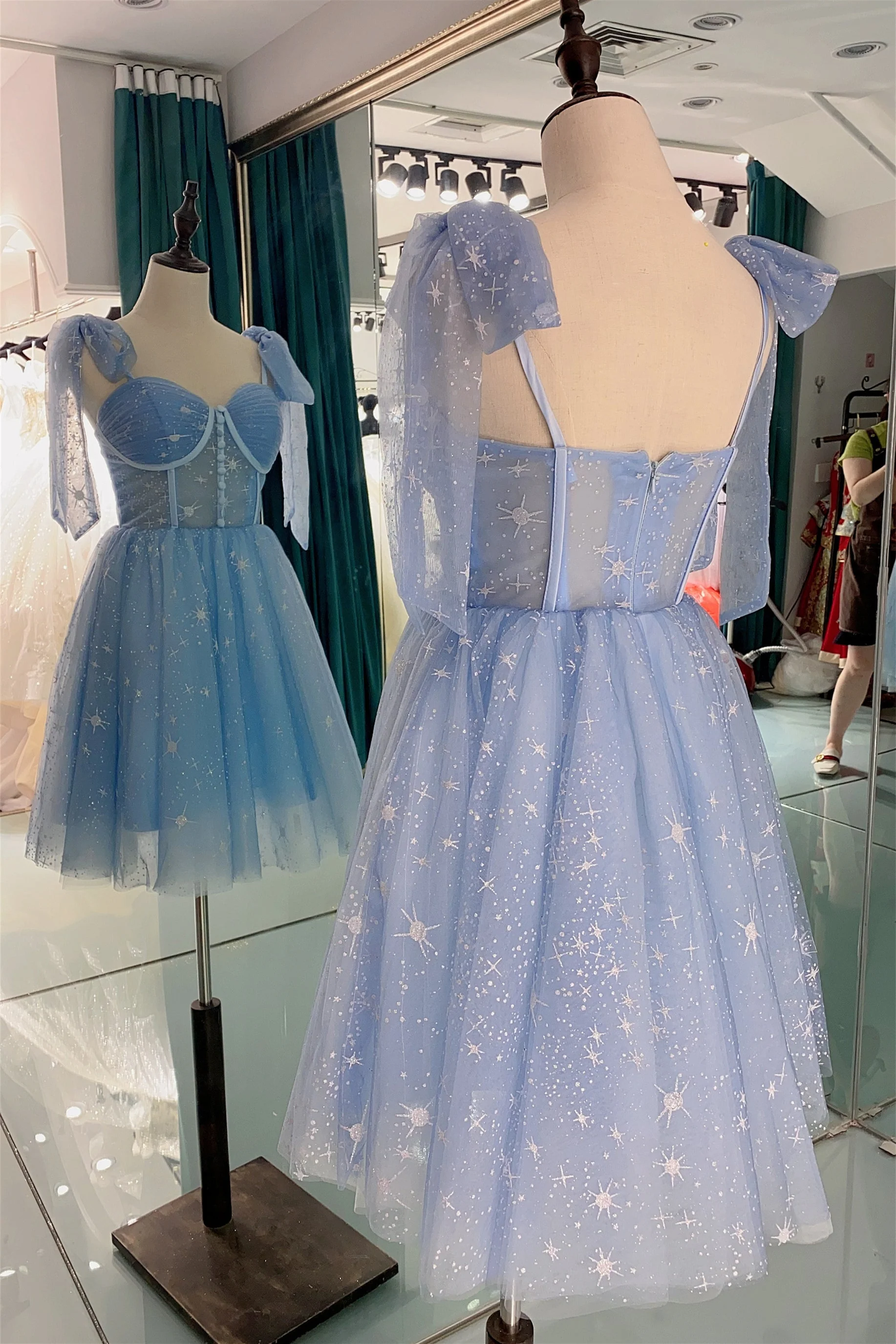 Blue Starry Corset Midi Dress with Buttons - Image 3