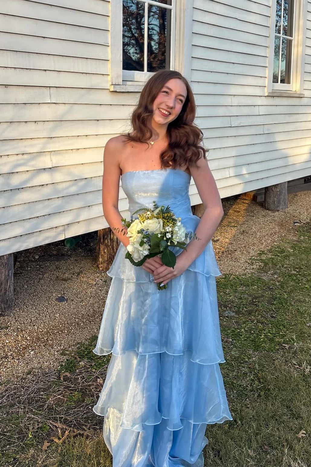 Blue Strapless A-line Ruffle Maxi Dress - Image 3