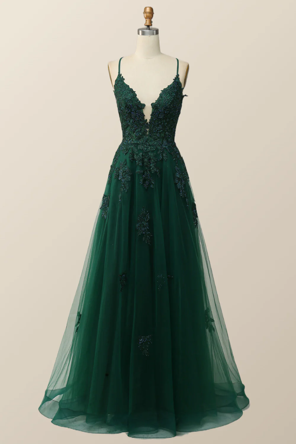 Sage Green V Neck Appliques Long Formal Dress - Image 6