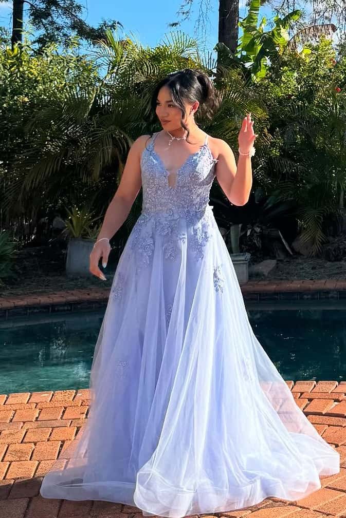 Blue V Neck Appliques Long Formal Dress - Image 2