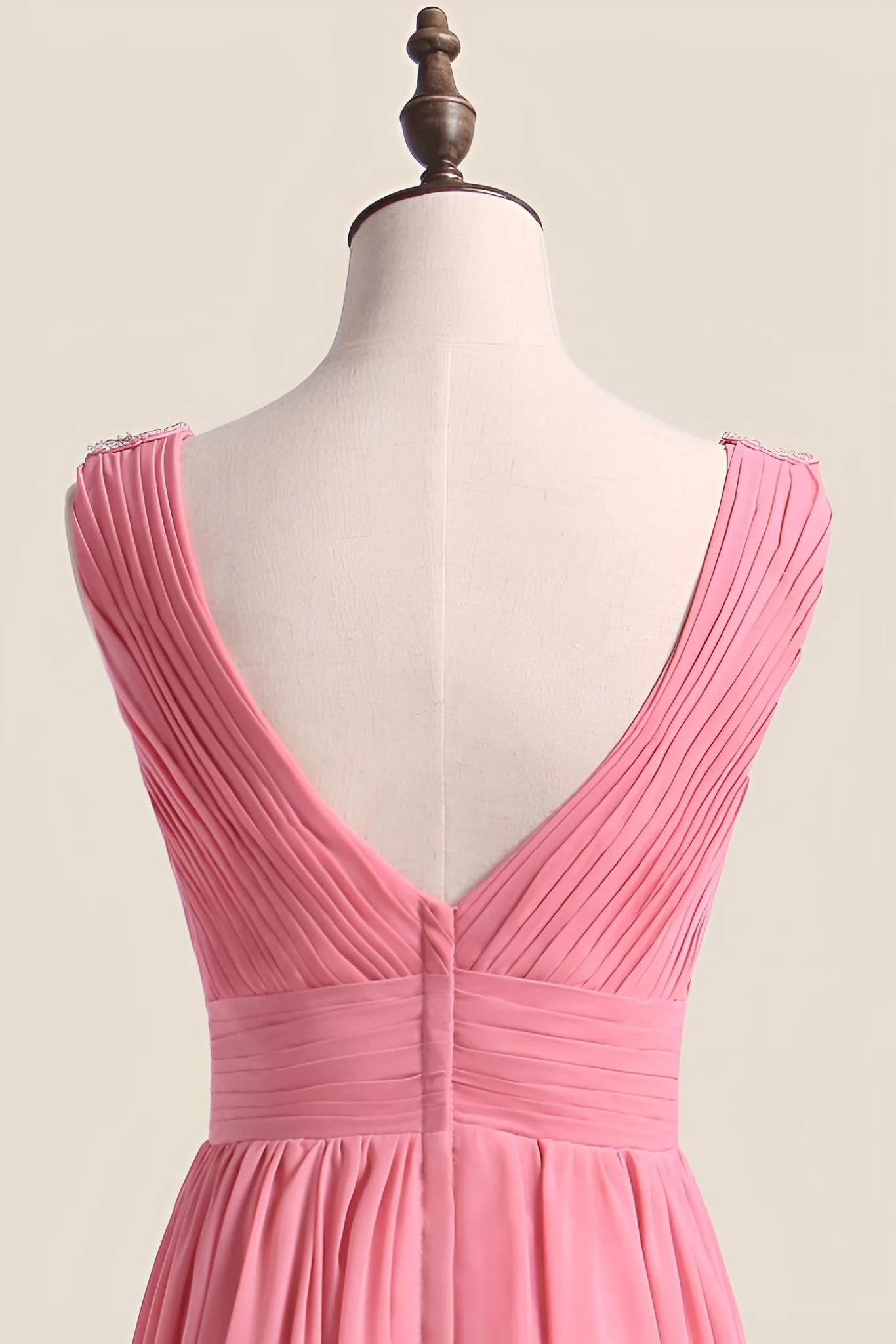 Blush Chiffon Pleated V Neck Long Bridesmaid Dress - Image 3