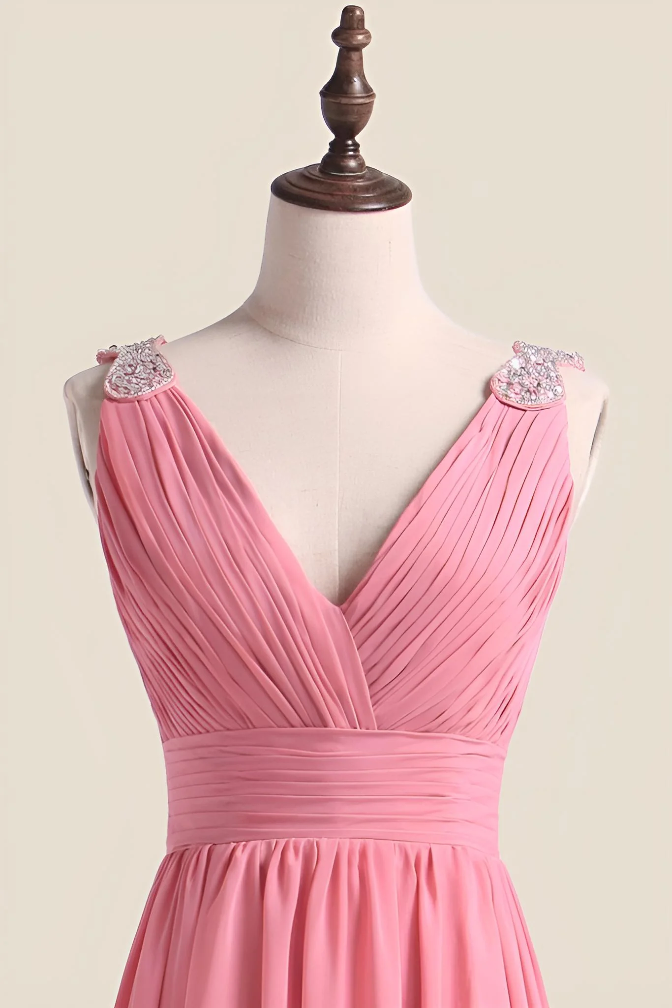 Blush Chiffon Pleated V Neck Long Bridesmaid Dress - Image 4