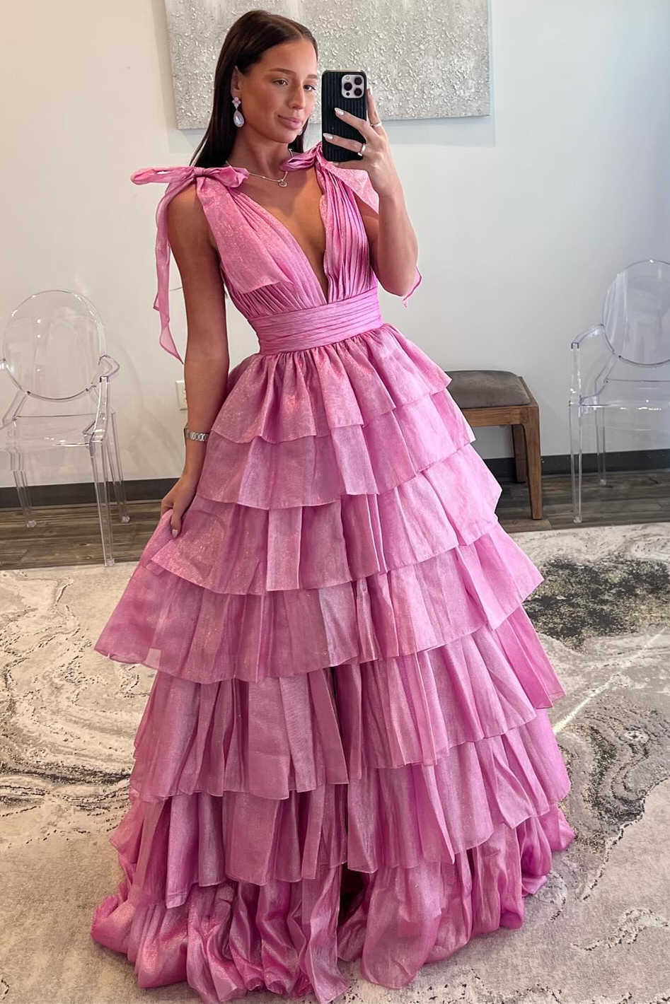 Bow Tie Pink Tiered A-line Long Dress with Slit - Image 2