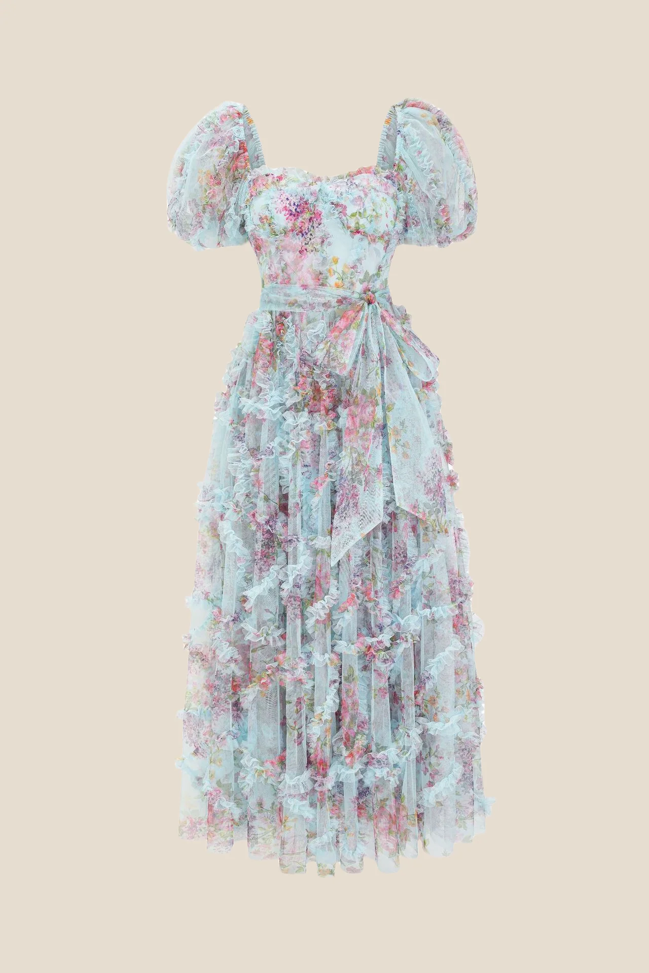 Bow Tie Purple Floral Print A-line Long Dress - Image 3