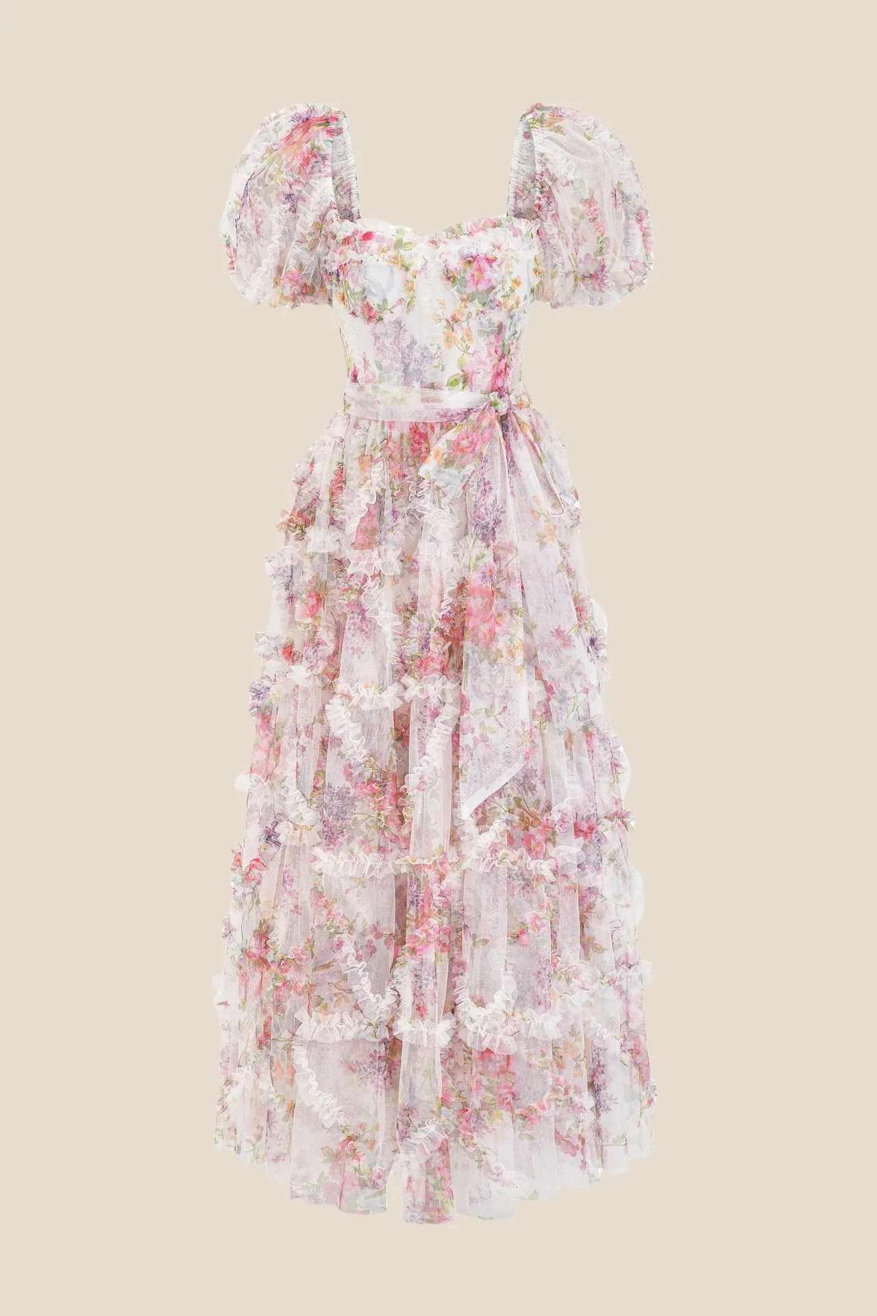 Bow Tie Purple Floral Print A-line Long Dress - Image 5