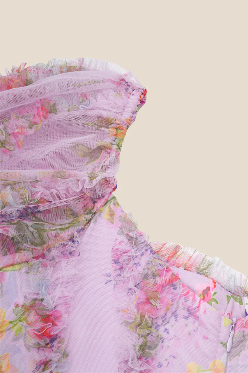 Bow Tie Purple Floral Print A-line Long Dress - Image 8