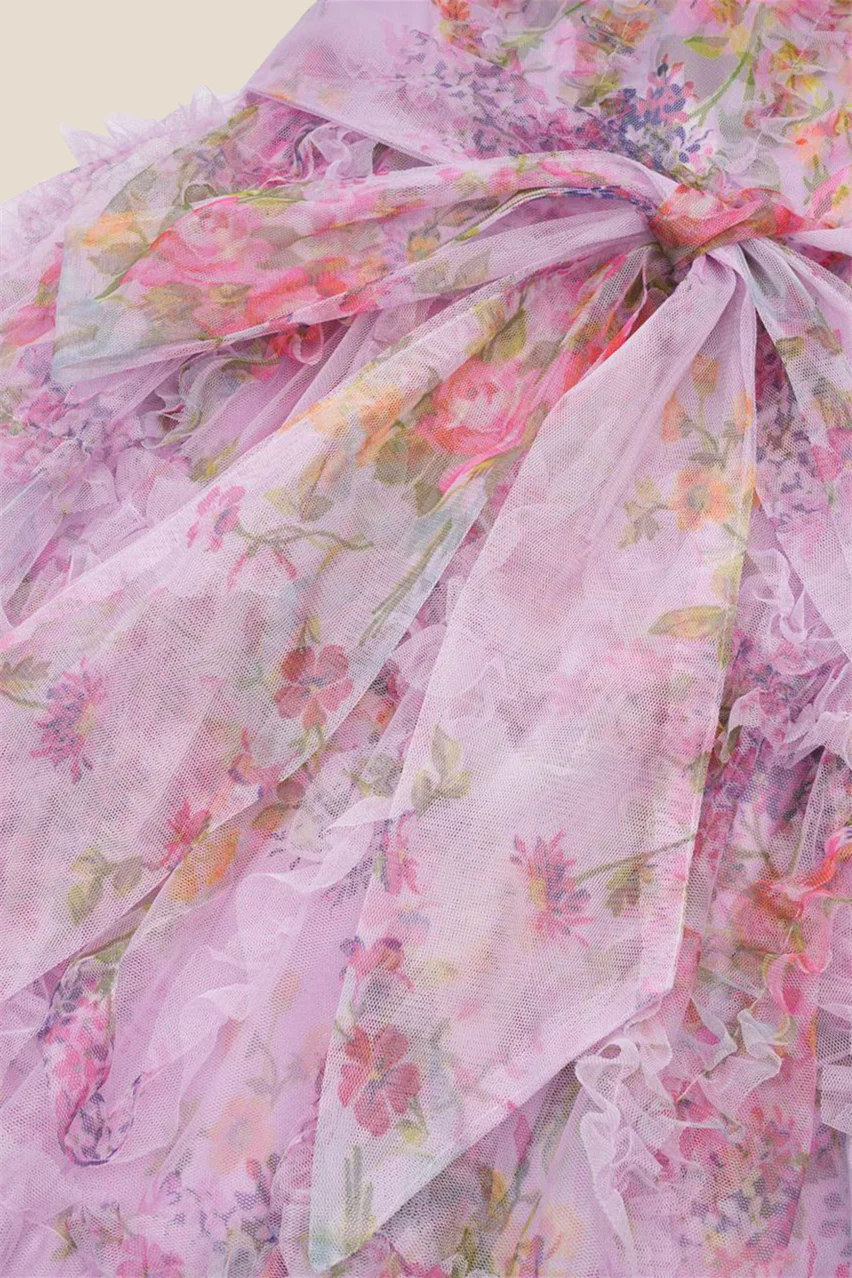 Bow Tie Purple Floral Print A-line Long Dress - Image 9