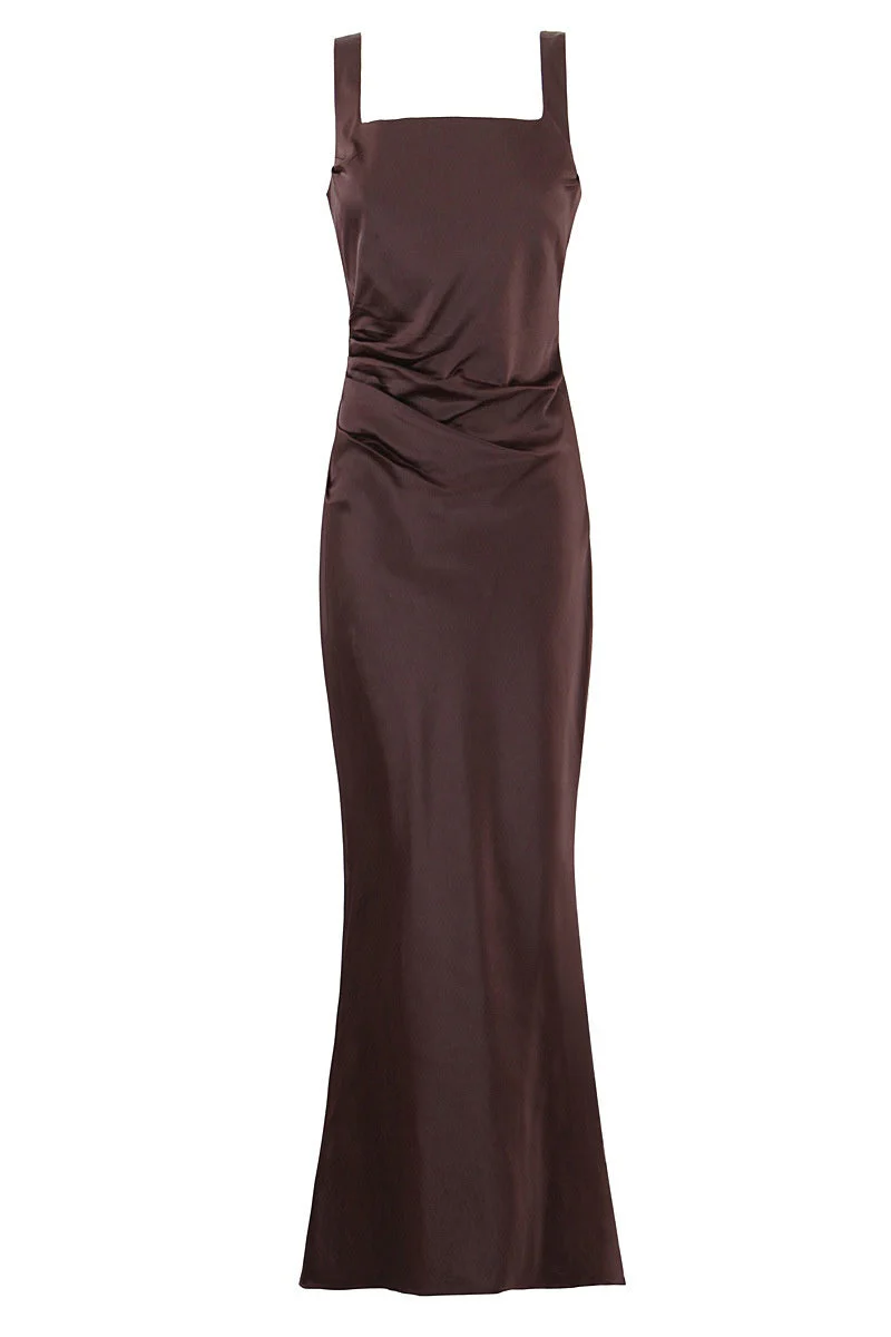 Square Neck Navy Blue Ruched Fitted Long Dress - Image 3