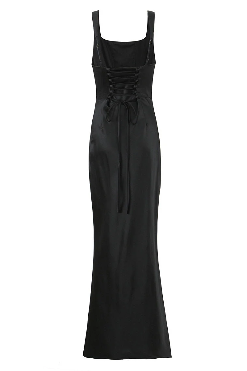 Square Neck Navy Blue Ruched Fitted Long Dress - Image 8