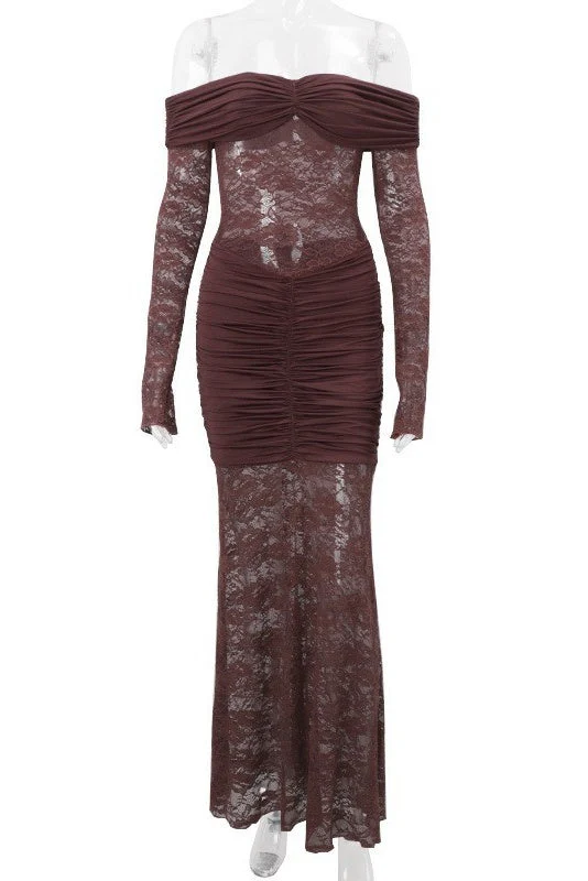 Long Sleeves Brown Lace Sheer Mermaid Dress - Image 2