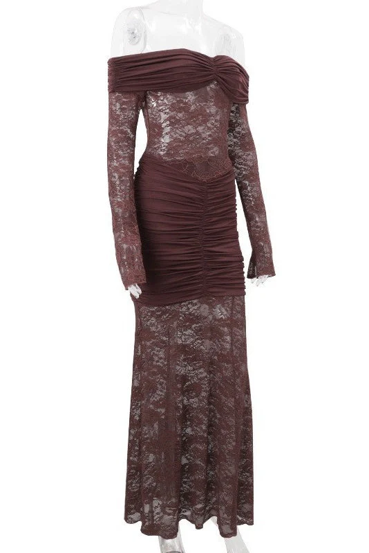 Long Sleeves Brown Lace Sheer Mermaid Dress - Image 3