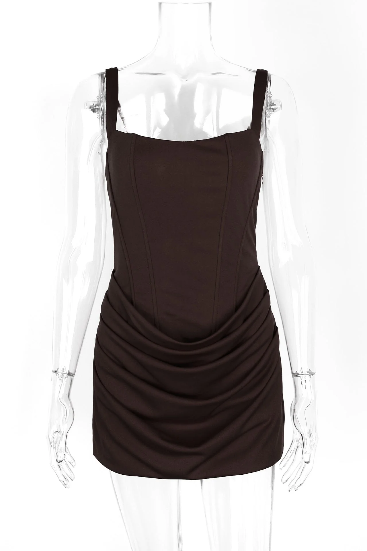 Brown Square Neck Ruched Tight Short Dress - Image 10
