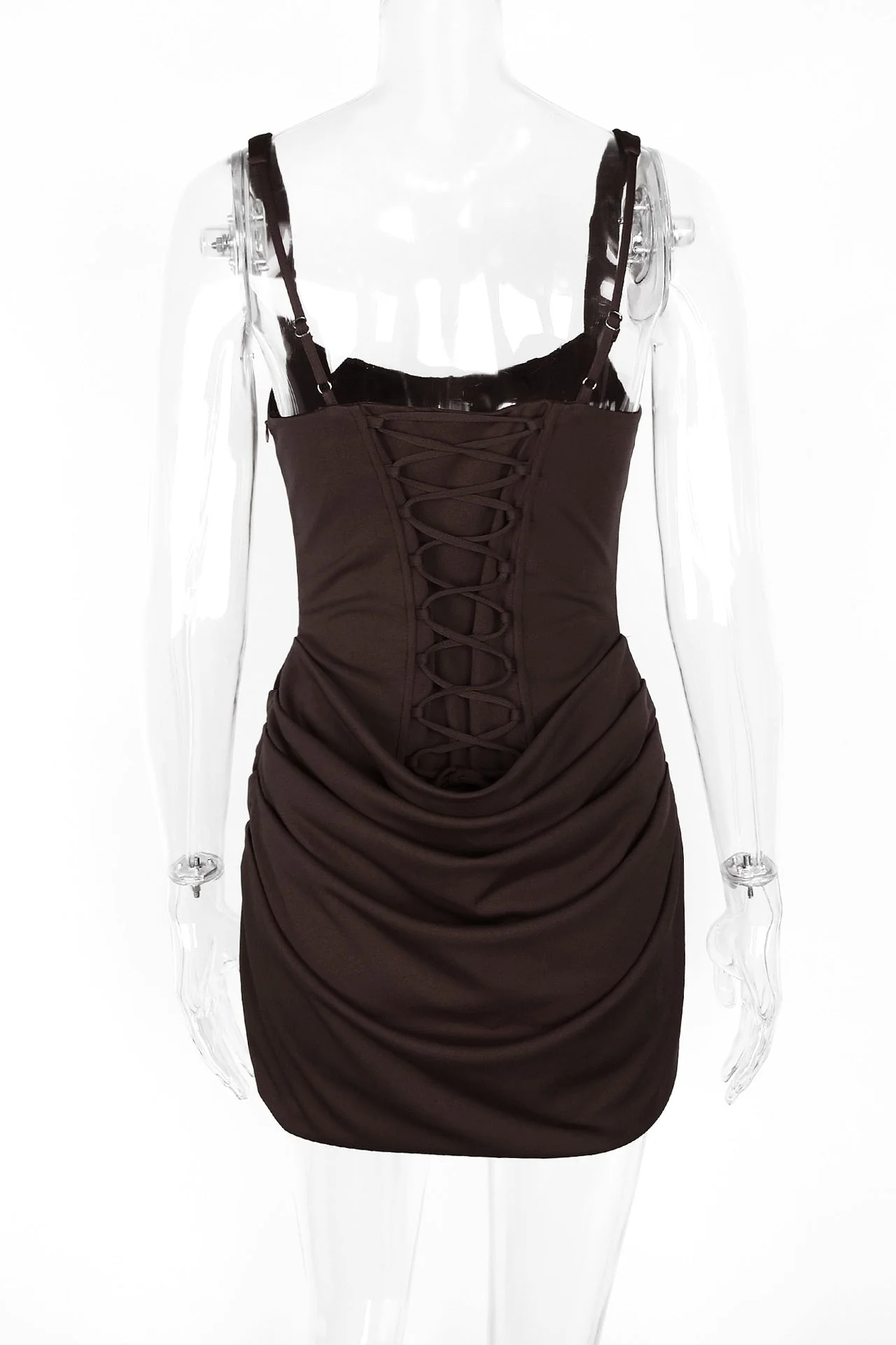 Brown Square Neck Ruched Tight Short Dress - Image 3