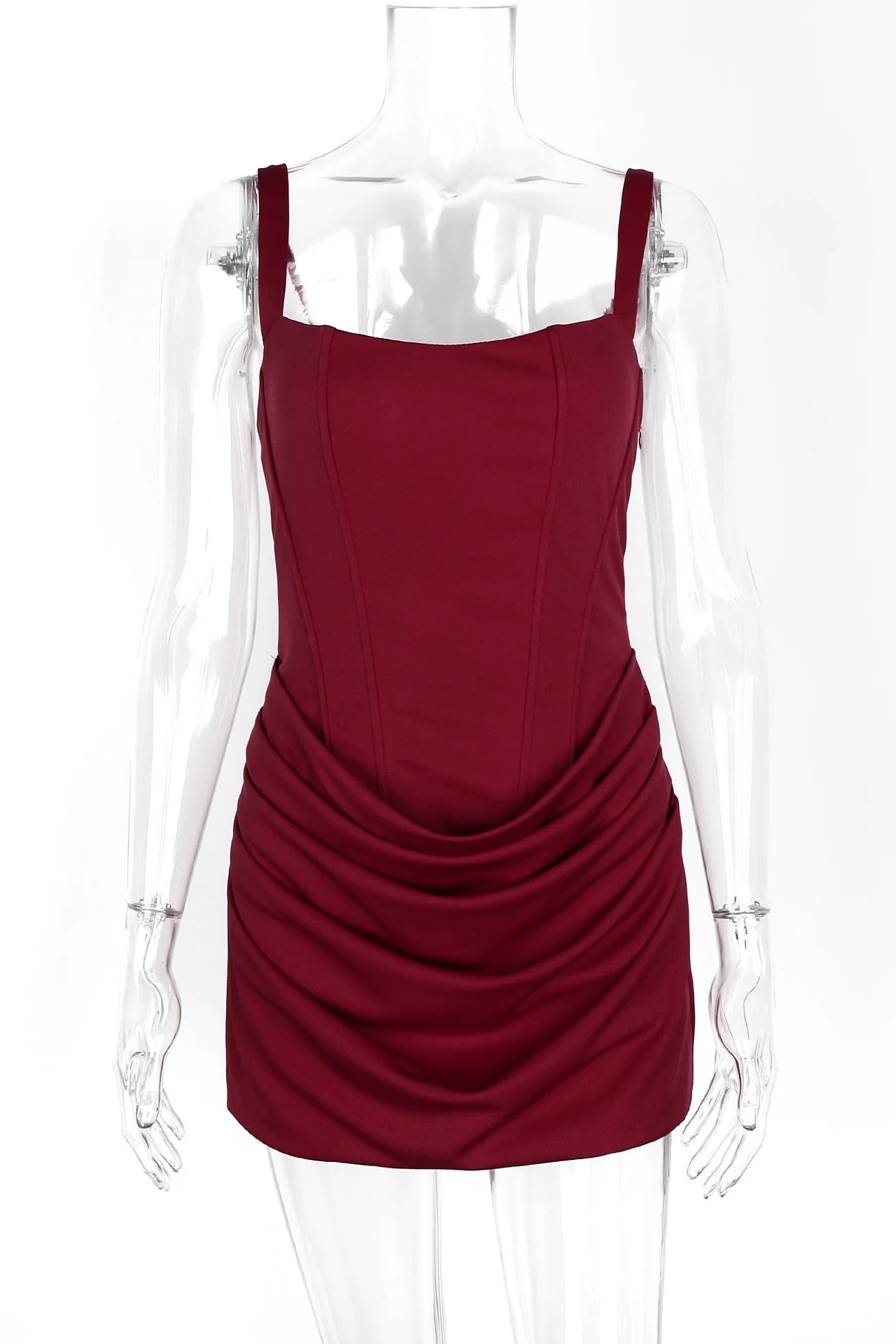Brown Square Neck Ruched Tight Short Dress - Image 4