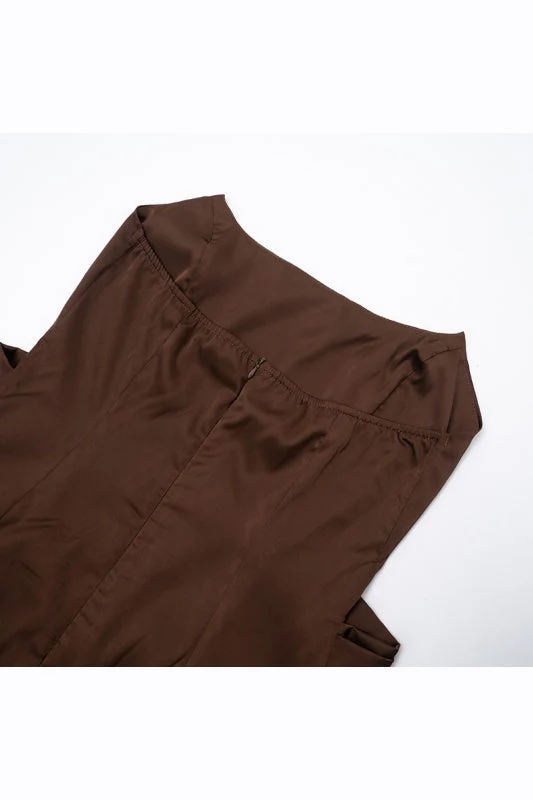 Brown Strapless Fitted Draped Long Dress - Image 5