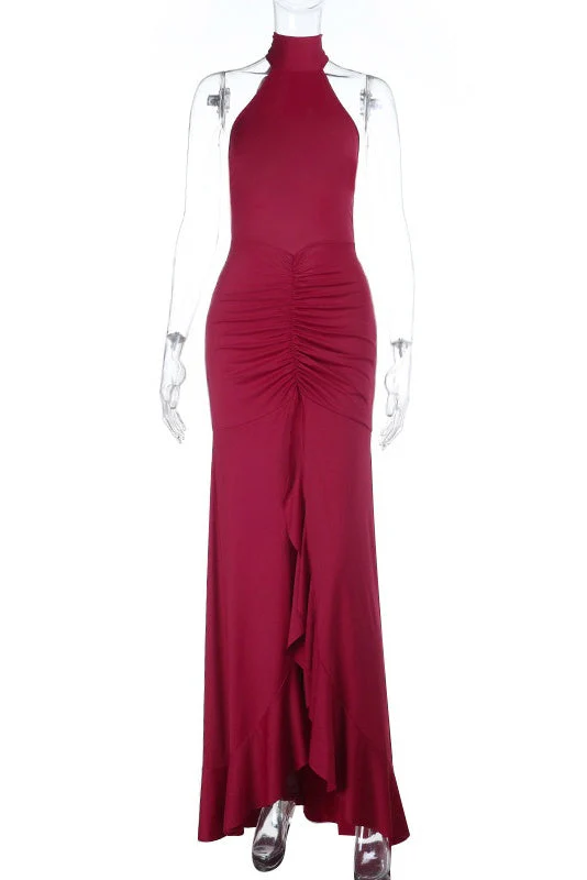 Burgubdy Halter Tie Long Mermaid Dress - Image 2