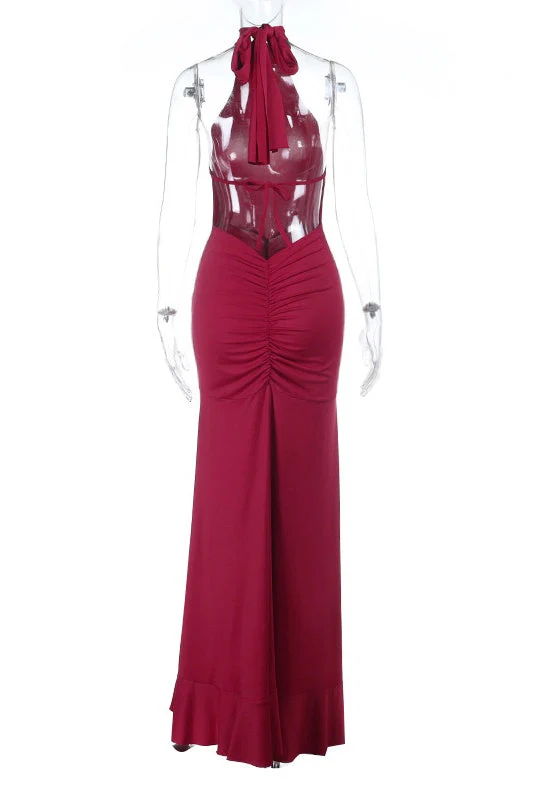 Burgubdy Halter Tie Long Mermaid Dress - Image 3