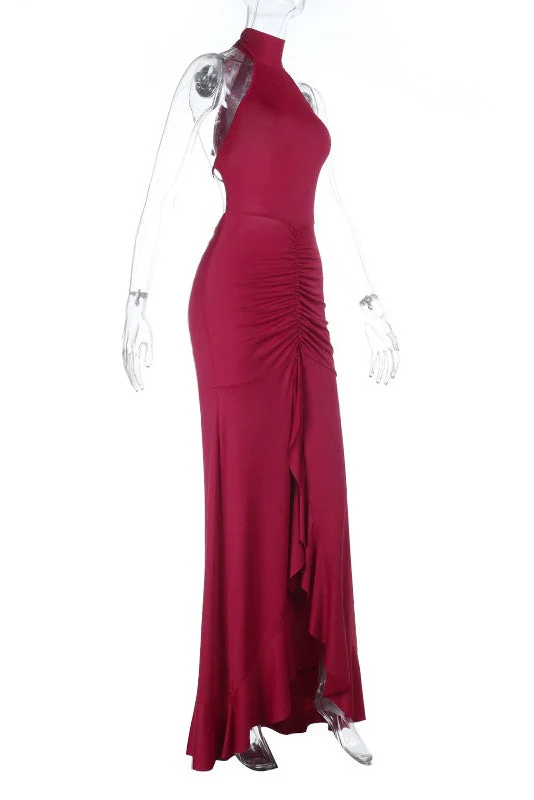 Burgubdy Halter Tie Long Mermaid Dress - Image 4