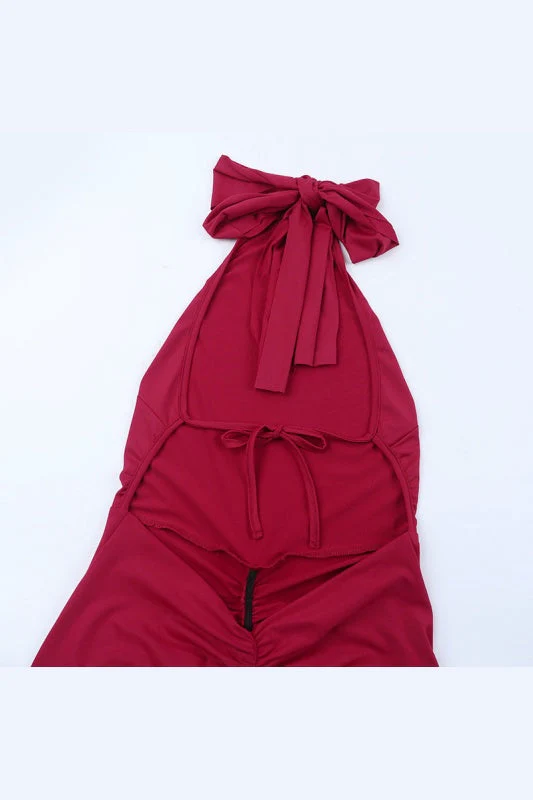 Burgubdy Halter Tie Long Mermaid Dress - Image 5