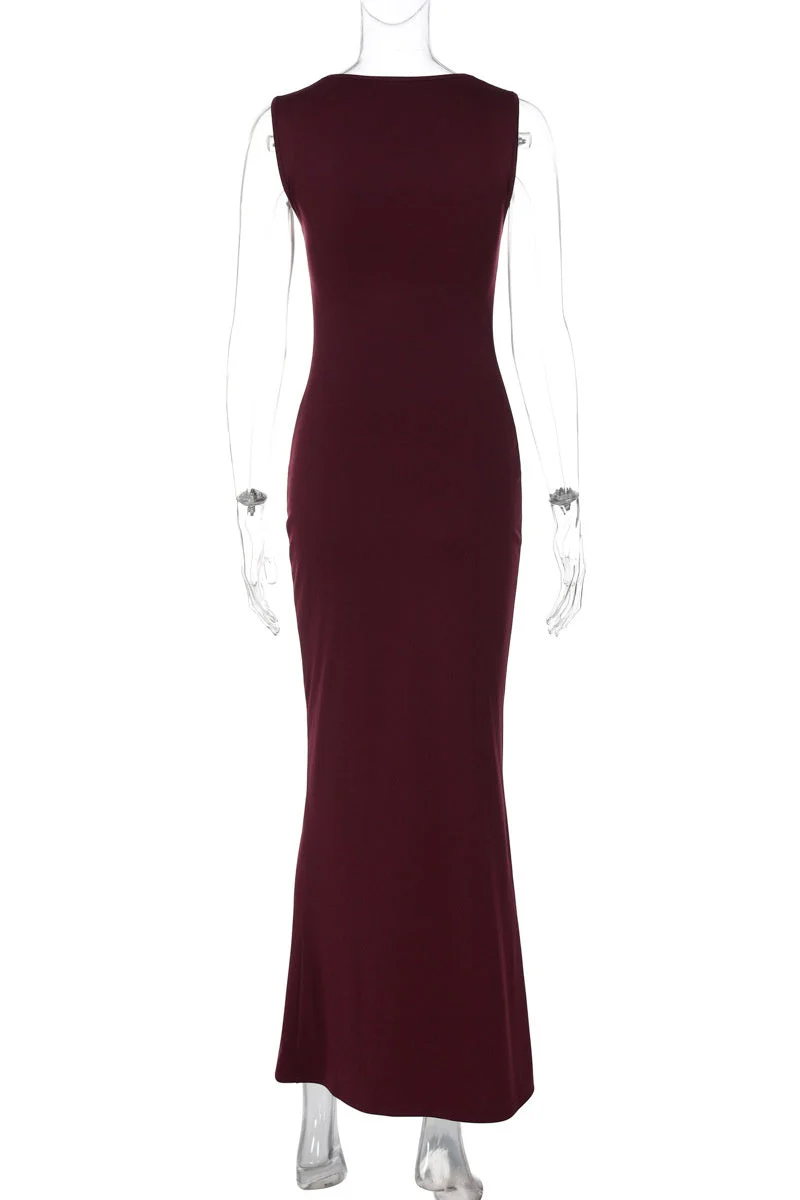 Burgundy Cap Sleeves Fittted Long Dress - Image 2