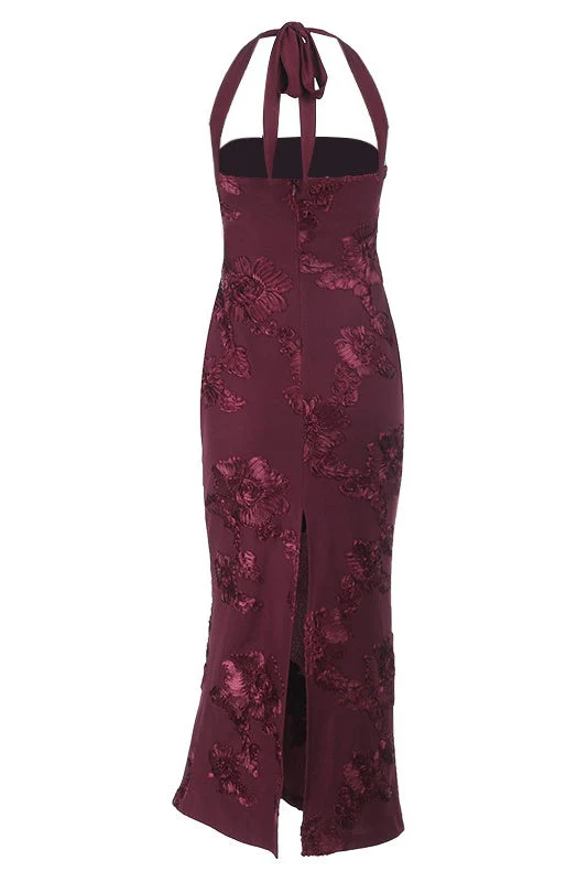 Burgundy Floral Halter Fitted Long Dress - Image 2