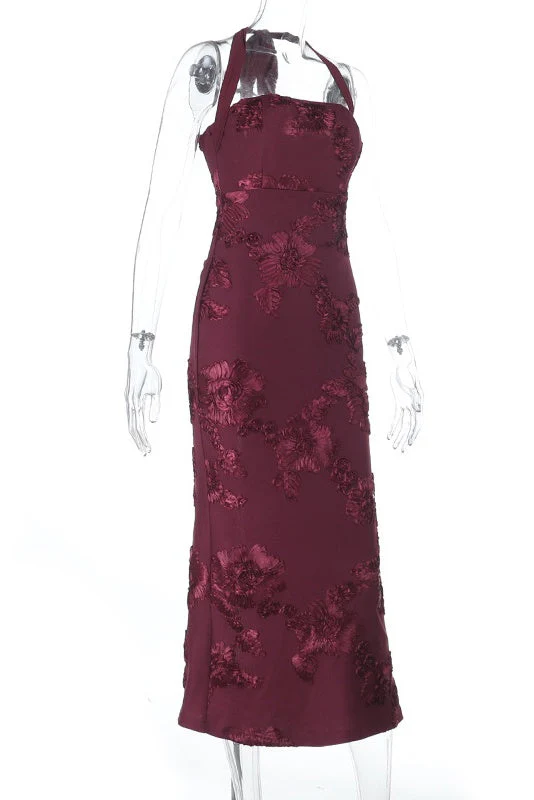 Burgundy Floral Halter Fitted Long Dress - Image 5