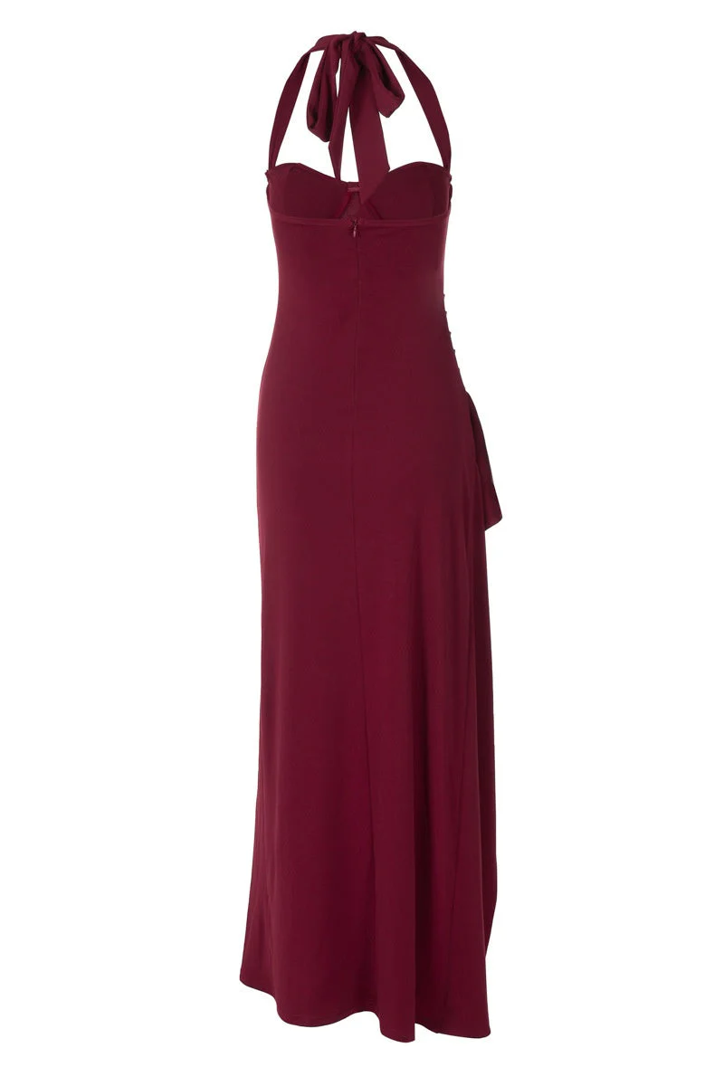 Burgundy Halter Frill Slit Long Dress - Image 2