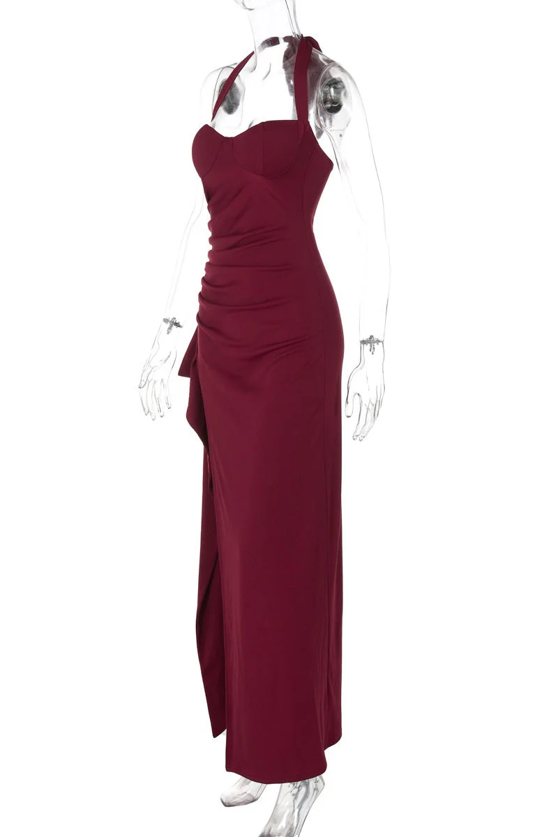 Burgundy Halter Frill Slit Long Dress - Image 3