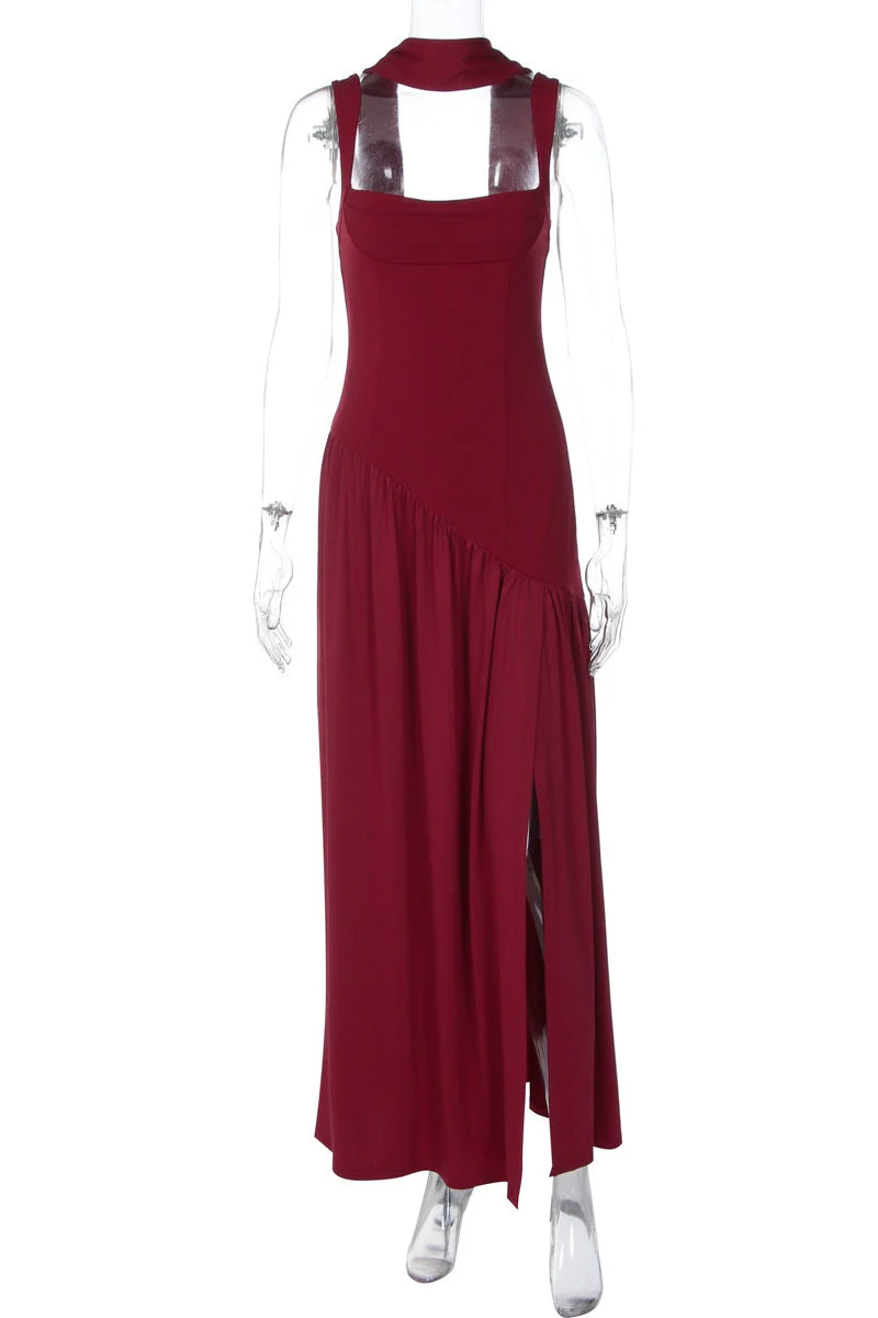 Burgundy Halter Ribbon Side Slit Maxi Dress - Image 2