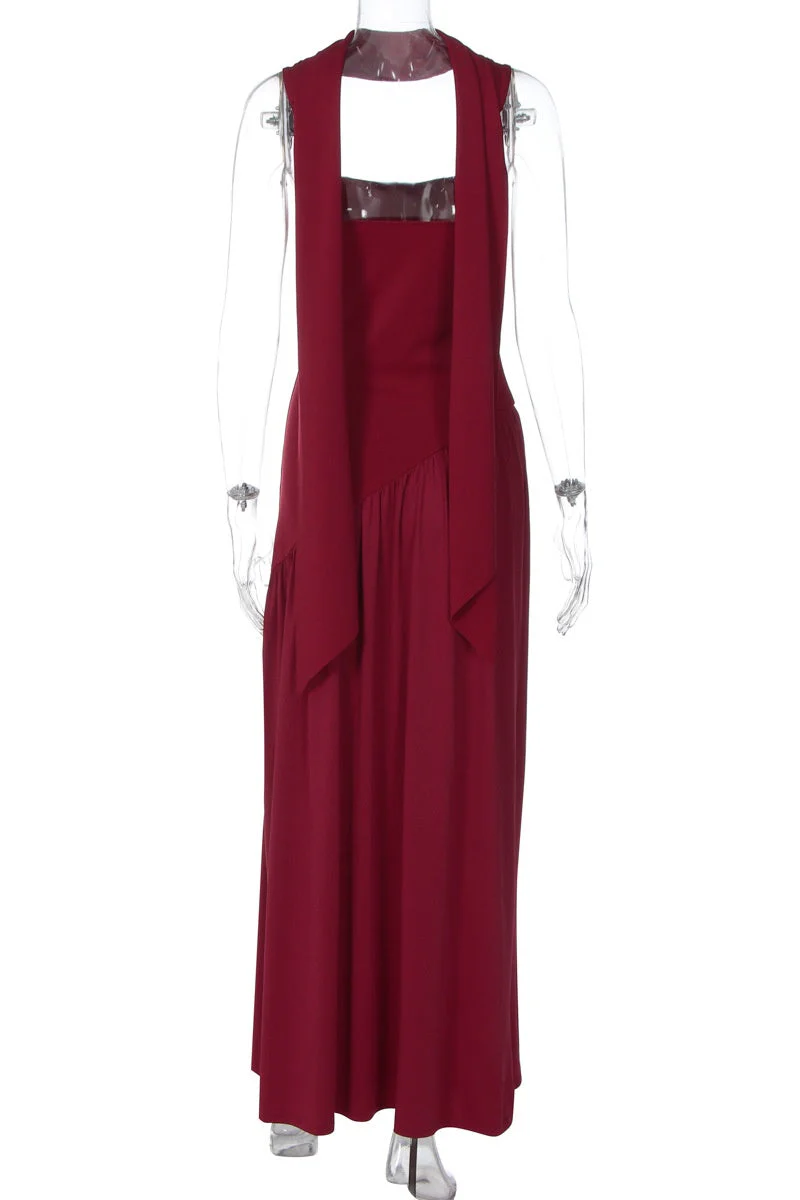 Burgundy Halter Ribbon Side Slit Maxi Dress - Image 3