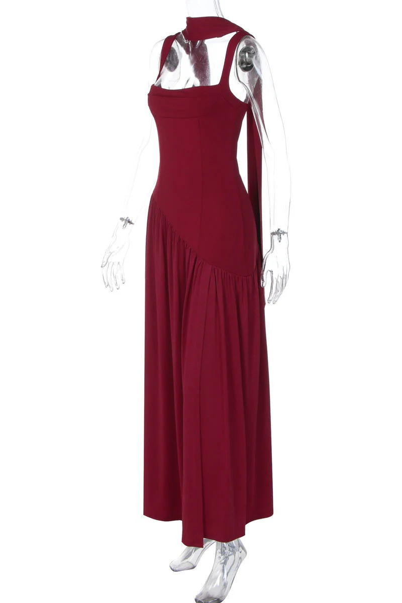 Burgundy Halter Ribbon Side Slit Maxi Dress - Image 4
