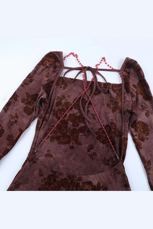 Burgundy Long Sleeves Floral Tight Short Dress - Image 5