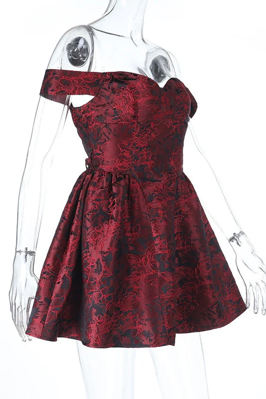 Burgundy Off the Shoulder Short A-line Dress - Image 3