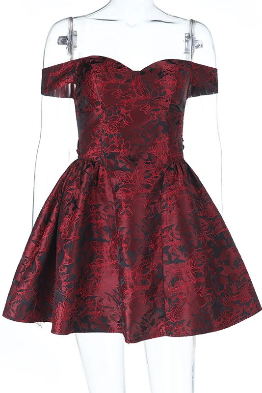 Burgundy Off the Shoulder Short A-line Dress - Image 4