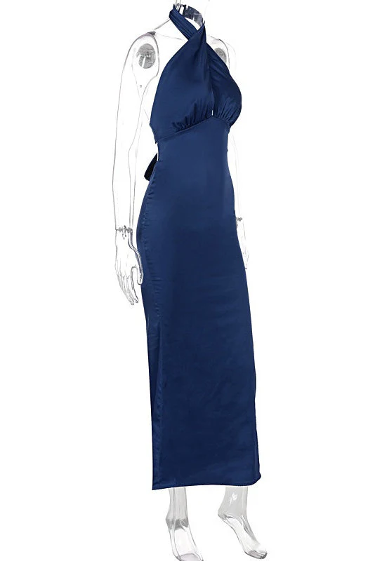Burgundy Satin Halter Fitted Long Dress - Image 5